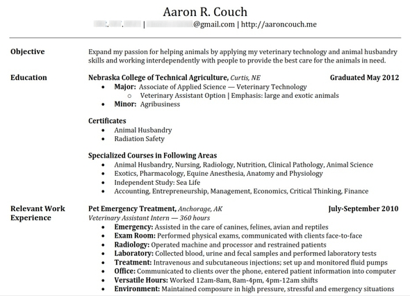 Example resume front page that shows education and experience