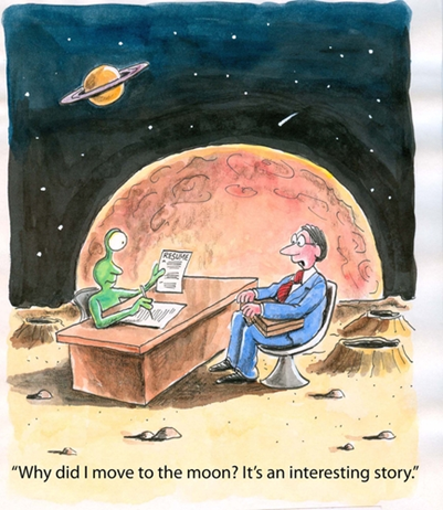 A cartoon of a human man having an interview with an alien on the moon