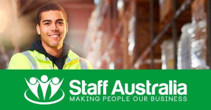 Staff Australia Social Banner featuring a tanned man in a warehouse waring a Fluro jacket