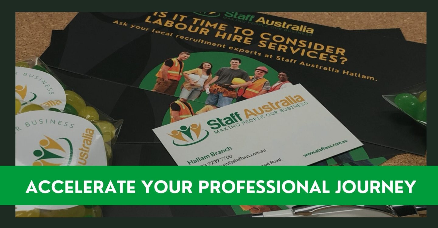 close up image of a pile of staff Australia flyers and business card on bench