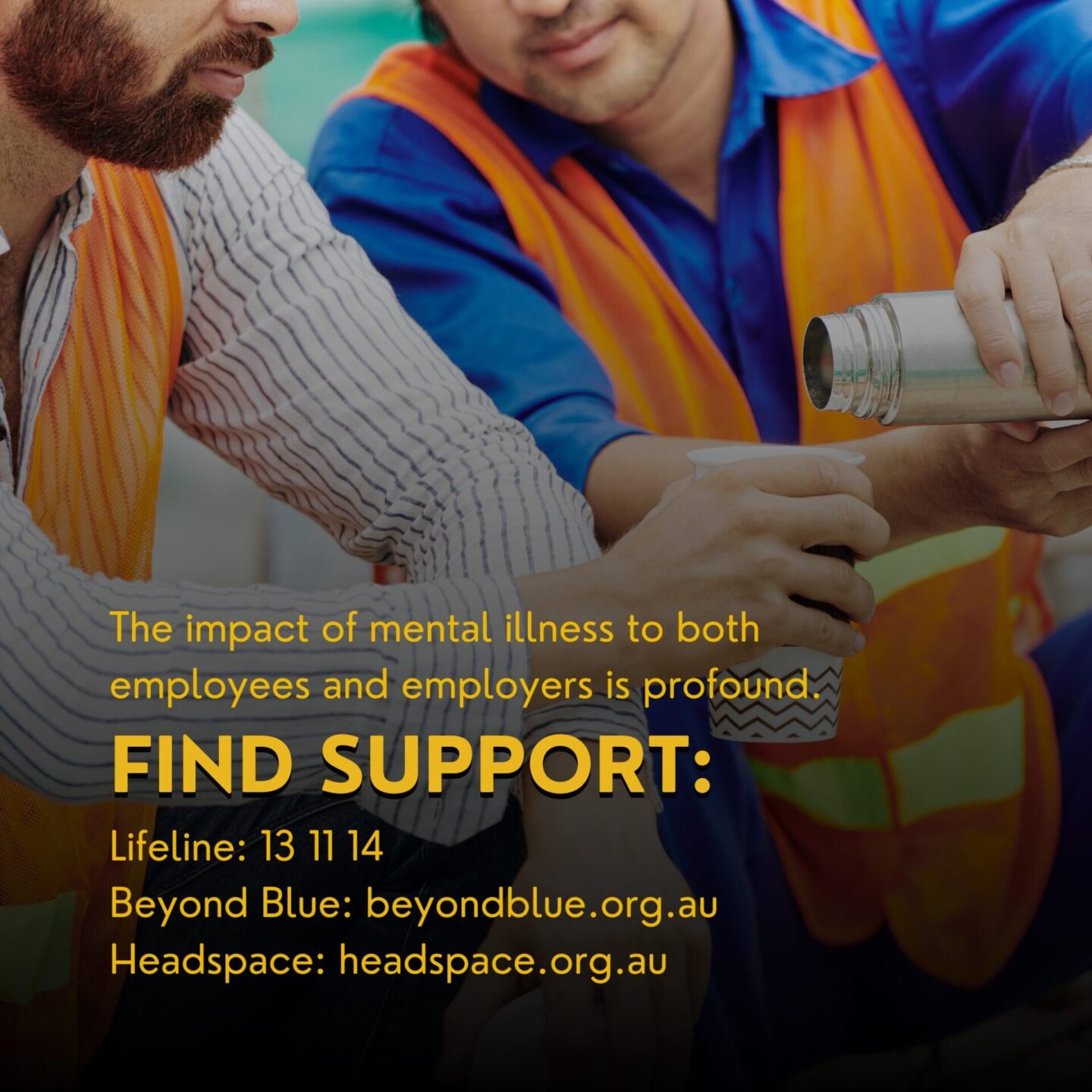 Two men in collared shirts and hi vis vests and sitting down and sharing cups of coffee from a thermos