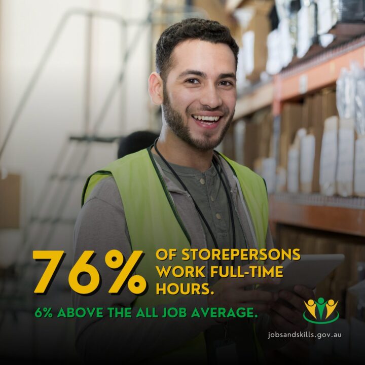 A smiling warehouse worker wearing a hi vis vest in a warehouse