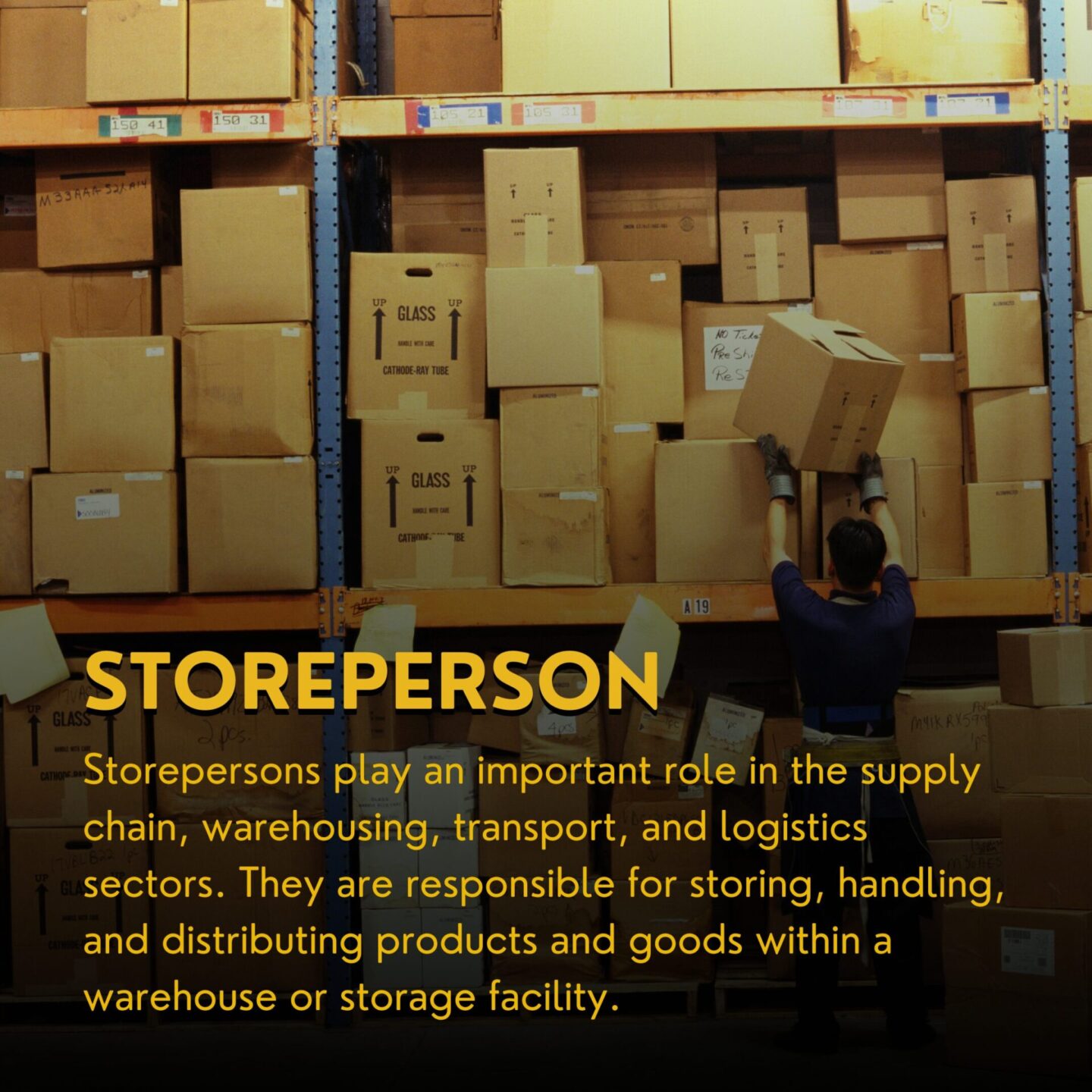 a storeperson is stacking cardboard boxes on a shelf in a warehouse