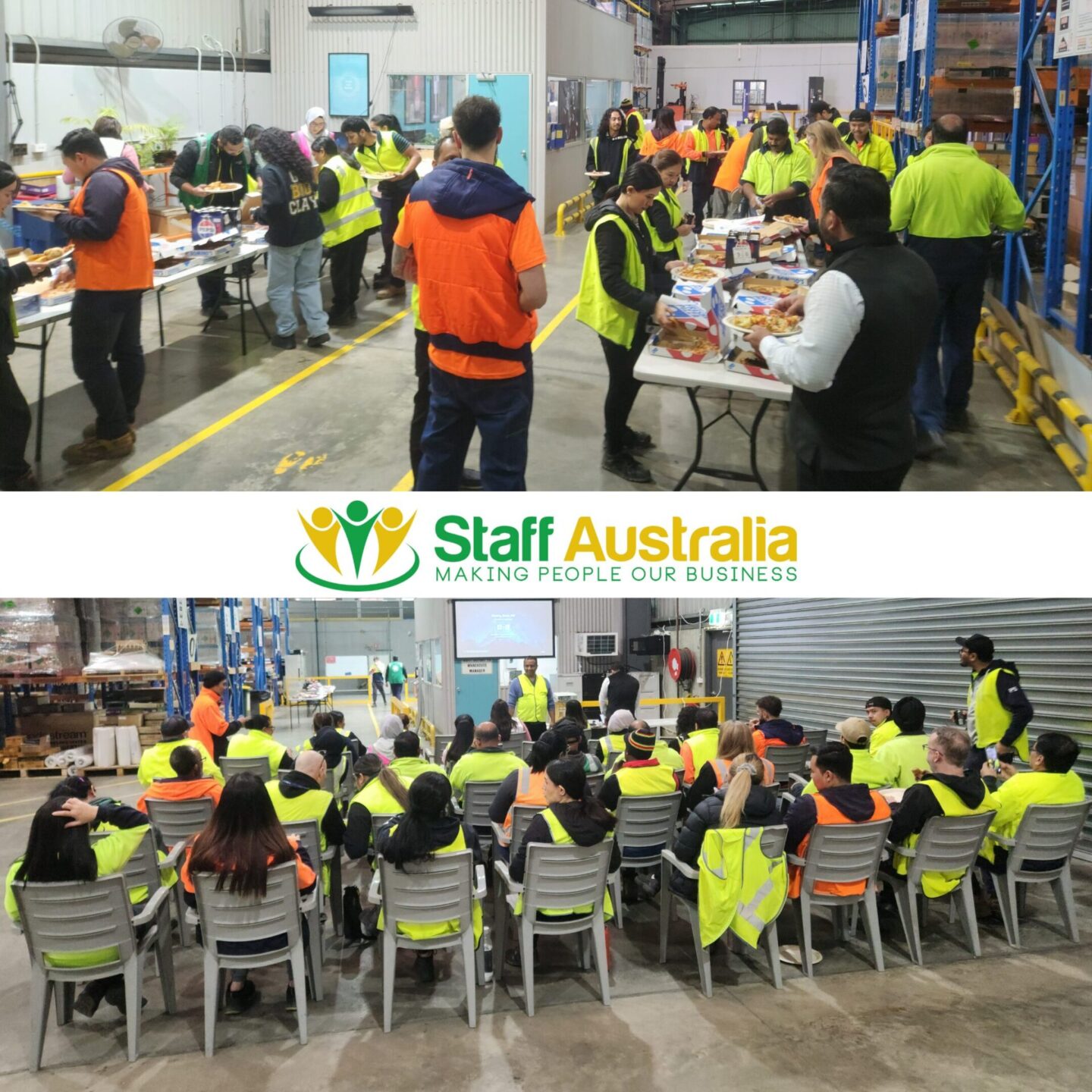 two images of warehouse workers wearing hi vis clothing. the top image shows a group around a table sharing pizza and conversation. The bottom image depicts a group of workers sitting in front of a tv, watching videos about workplace safety