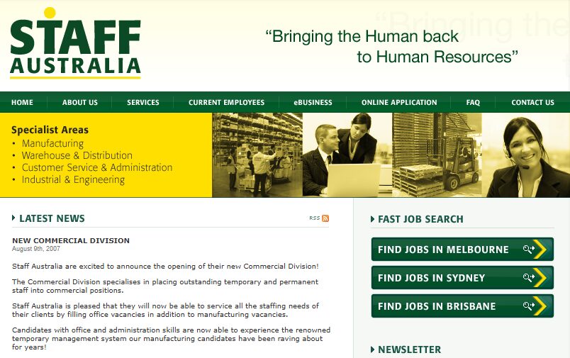 Staff Australia website home page from 2007