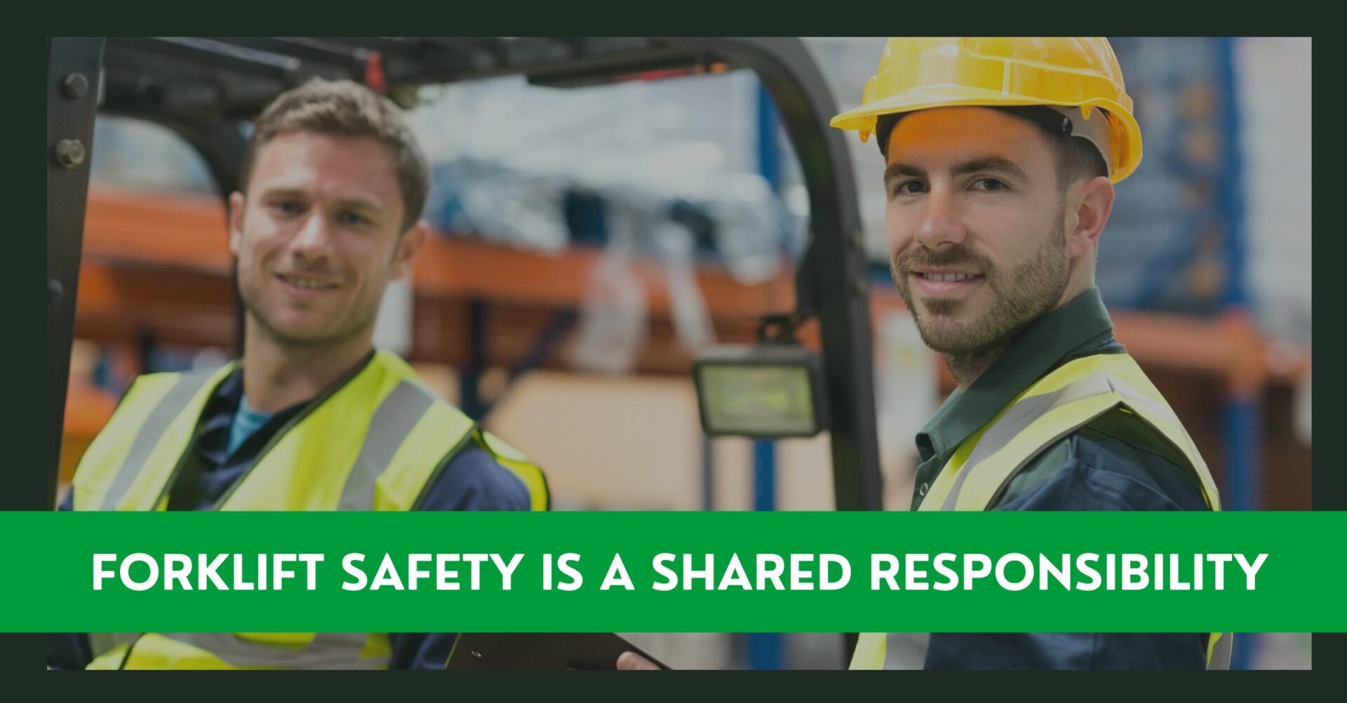 two people in safety vests standing next to a forklift